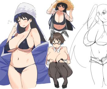  arato_nagi bikini black_bikini black_hair breasts cleavage closed_eyes denpatou earrings fur_hat hat highres imari_youko jewelry large_breasts leotard long_hair navel pantyhose papakha playboy_bunny ruri_no_houseki russ sketch smile sports_bra squatting stud_earrings sun_hat swimsuit  rating:Sensitive score:43 user:danbooru