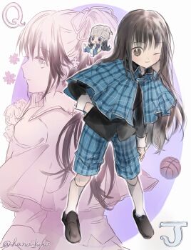  1boy black_hair blue_capelet capelet commentary_request fujisaki_nadeshiko fujisaki_nagihiko hair_ribbon hand_on_own_hip hano_luno hat highres long_hair looking_at_viewer mini_person one_eye_closed ponytail rhythm_(shugo_chara!) ribbon school_uniform shugo_chara! sidelocks smile socks temari_(shugo_chara!) white_socks 