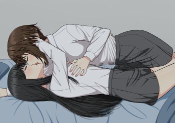  2girls absurdres black_hair brown_hair closed_eyes collared_shirt commentary_request french_kiss grabbing_another's_breast grey_skirt groping hand_in_another's_hair highres kiss leg_between_thighs long_hair multiple_girls on_bed original pleated_skirt ryuusa school_uniform shirt short_hair skirt tongue white_shirt yuri 