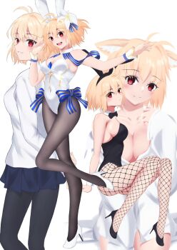  4girls :d alternate_costume animal_ear_fluff animal_ears arcueid_brunestud arms_at_sides arms_behind_back black_leotard black_shoes blue_bow blue_ribbon blush bow bowtie breasts brown_pantyhose cat_ears cat_girl cleavage collared_shirt commentary_request fake_animal_ears fishnet_pantyhose fishnets flower gold_trim hair_flower hair_ornament happy high_heels highres huge_breasts leotard light_smile looking_at_viewer loose_clothes loose_shirt multiple_girls open_mouth pantyhose rabbit_ears ribbon shirt shoes sideboob sitting smile sweater taketsuki_217 thick_thighs thighs tsukihime tsukihime_(remake) turtleneck turtleneck_sweater white_leotard white_shirt white_shoes white_sweater wrist_cuffs 