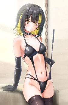  1girl absurdres alternate_costume animal_collar arm_support black_gloves black_hair black_thighhighs blonde_hair blush bondage_outfit ca_paria cameltoe collar collarbone dominatrix elbow_gloves gloves groin highres holding holding_whip idolmaster idolmaster_shiny_colors ikaruga_luca looking_at_viewer navel riding_crop solo stomach thighhighs  rating:Questionable score:29 user:danbooru