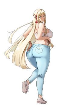  1girl absurdres ass bare_arms bare_shoulders blonde_hair blue_eyes blush breasts curvy denim dryseaweed full_body hand_on_ass highres huge_ass jeans large_breasts last_origin legs leona_of_blood_&amp;_iron long_hair looking_back pants shoes sideboob solo standing thick_thighs thighs very_long_hair white_background wide_hips 