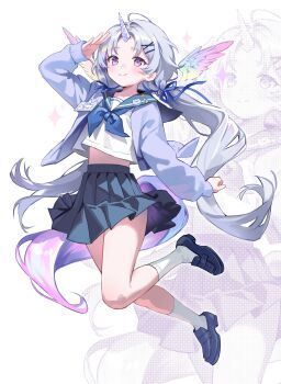  1girl absurdres ayatsuno_yuni commentary full_body grey_hair hand_up highres horns jacket kneehighs loafers long_hair long_sleeves looking_at_viewer multicolored_hair multicolored_tail neckerchief open_clothes open_jacket purple_eyes sailor_collar school_uniform shirt shoes simple_background single_horn skirt smile socks solo stellive symbol-only_commentary symbol-shaped_pupils tail unicorn_girl unicorn_horn very_long_hair virtual_youtuber white_background white_shirt white_socks yoi_don zoom_layer 