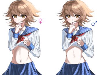 1boy 1girl blue_sailor_collar blue_skirt brown_hair clothes_lift commentary_request danganronpa:_trigger_happy_havoc danganronpa_(series) dual_persona fujisaki_chihiro genderswap genderswap_(mtf) green_eyes hair_between_eyes hand_up highres long_sleeves looking_at_viewer navel neckerchief pleated_skirt red_neckerchief sailor_collar school_uniform serafuku shirt shirt_lift simple_background skirt stomach tarutaru428 trap white_shirt 