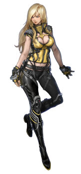  1girl absurdres black_boots black_pants blonde_hair blue_eyes boots breasts buckle cleavage cleavage_cutout clothing_cutout crop_top elena_(star_ocean) fingerless_gloves full_body gloves highres large_breasts long_hair looking_to_the_side official_art pantaboots pants shirt skin_tight sleeveless sleeveless_shirt solo star_ocean star_ocean:_the_divine_force tachi-e thigh_boots thighhighs transparent_background yasuda_akira yellow_gloves yellow_shirt 