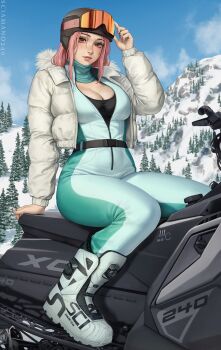  1girl bodysuit boots breasts chloe_(sciamano240) cleavage commentary english_commentary freckles fur-trimmed_jacket fur_trim goggles goggles_on_headwear helmet highres jacket large_breasts lips long_hair looking_at_viewer neck_warmer open_clothes open_jacket original partially_unzipped pink_eyes pink_hair sciamano240 sitting snow snowmobile solo zipper_pull_tab 