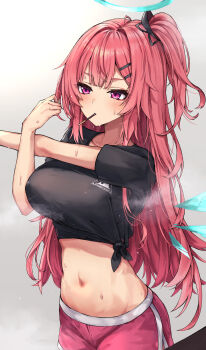 1girl absurdres ambriel_(arknights) aqua_halo arknights black_shirt blush breasts clothes_writing commentary commission cowboy_shot cross-body_stretch detached_wings dolphin_shorts food food_in_mouth grey_background groin hair_ornament hairclip halo hasumushi highres long_hair medium_breasts midriff navel pink_eyes pink_hair pink_shorts pixiv_commission pocky pocky_in_mouth rhodes_island_logo_(arknights) shirt short_sleeves shorts solo standing steaming_body stretching sweat t-shirt tied_shirt traditional_halo wings 