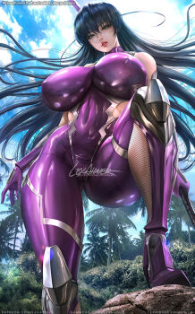  1girl black_hair bodysuit breasts cameltoe covered_erect_nipples fishnets green_eyes high_heels huge_breasts igawa_asagi impossible_bodysuit impossible_clothes katana lexaiduer lips lipstick long_hair looking_at_viewer makeup nose outdoors parted_lips patreon_logo purple_bodysuit reverse_grip shiny_skin skin_tight solo standing sword taimanin_(series) taimanin_asagi taimanin_suit watermark weapon web_address  rating:Sensitive score:121 user:danbooru