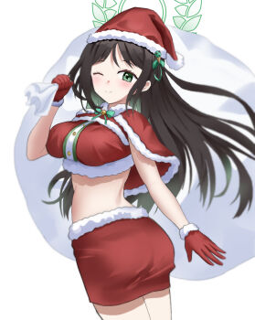  1girl ;) airi_(blue_archive) ass bell blue_archive blush bow bowtie breasts brown_hair capelet christmas closed_mouth commentary cowboy_shot eyelashes floating_hair food-themed_hair_ornament from_behind full_body fur-trimmed_capelet fur-trimmed_gloves fur-trimmed_headwear fur-trimmed_skirt fur_trim gloves green_bow green_bowtie green_eyes green_halo gyeonyu_art hair_bow hair_ornament halo hand_up hat highres holding holding_sack ice_cream_hair_ornament jingle_bell large_breasts long_hair looking_at_viewer looking_back neck_bell one_eye_closed pencil_skirt red_capelet red_gloves red_hat red_skirt sack santa_costume santa_hat sidelocks simple_background skirt smile solo very_long_hair white_background 