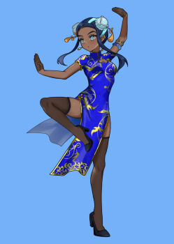  1girl black_gloves black_hair black_thighhighs blue_background blue_dress blue_eyes blue_hair blush breasts bun_cover china_dress chinese_clothes commentary_request dark-skinned_female dark_skin double_bun dress earrings gloves hair_bun jewelry medium_breasts multicolored_hair nessa_(pokemon) nintendo pelvic_curtain pokemon pokemon_swsh setta_shu shoes short_hair_with_long_locks sidelocks simple_background solo standing standing_on_one_leg tassel thighhighs two-tone_hair 