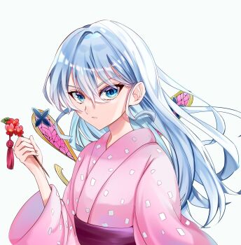  1girl blue_eyes closed_mouth commentary_request daki_(kimetsu_no_yaiba) flower hair_between_eyes hapaa highres holding holding_flower japanese_clothes kimetsu_no_yaiba kimono long_hair looking_at_viewer pink_kimono plum plum_blossoms solo white_hair 