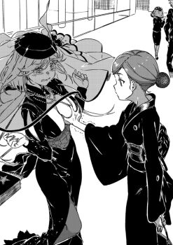  2girls black_dress blush breasts cleavage dress funeral_dress funeral_kimono funeral_veil grabbing_another's_breast greyscale groping highres japanese_clothes kimono large_breasts long_hair low_ponytail misaka_mikoto monochrome multiple_girls multiple_necklaces novel_illustration official_alternate_costume official_alternate_hairstyle official_art pantyhose ponytail shokuhou_misaki star-shaped_pupils star_(symbol) symbol-shaped_pupils toaru_majutsu_no_index toaru_majutsu_no_index:_genesis_testament veil 