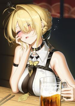  1girl absurdres ahoge arm_strap bare_shoulders beer_mug between_breasts black_choker blonde_hair blurry blurry_background blush braid braided_bun breasts choker collared_shirt commentary_request cup drooling drunk evelyn_chevalier eyes_visible_through_hair fingernails hair_bun hair_intakes hair_over_one_eye head_rest highres holding holding_cup izakaya kkuni korean_commentary large_breasts mug necktie necktie_between_breasts no_jacket open_mouth purple_eyes ring_hair_ornament shirt short_hair solo squeans white_shirt yellow_necktie zenless_zone_zero 