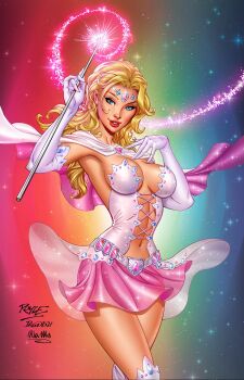  1girl artist_collaboration blonde_hair blue_eyes breasts cape circlet elbow_gloves gloves good_witch_of_the_north highres holding holding_wand jagdish_kumar john_royle large_breasts long_hair looking_at_viewer miniskirt navel pink_cape pink_skirt rainbow_background signature skirt solo two-sided_cape two-sided_fabric ula_mos wand white_cape white_gloves zenescope 