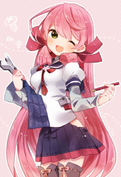  1girl akashi_(kancolle) blueprint_(object) blush breasts brown_thighhighs clothing_cutout diagonal-striped_background green_eyes hair_ribbon hip_vent holding holding_pencil kantai_collection long_hair long_sleeves looking_at_viewer medium_breasts natsumi_(natumi06) one_eye_closed open_mouth pencil pink_background pink_hair pleated_skirt red_ribbon ribbon sailor_collar school_uniform serafuku sidelocks skirt solo striped_background thighhighs tress_ribbon very_long_hair wrench 