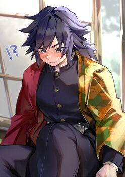  !? 1boy belt black_hair black_jacket black_pants blue_eyes blush buttons closed_mouth demon_slayer_uniform gold_buttons hair_between_eyes haori high_collar jacket japanese_clothes kikkoumon kimetsu_no_yaiba long_hair low_ponytail male_focus pants ponytail print_haori red_haori sitting solo spiked_hair sweat tobidayooon tomioka_giyuu white_belt 