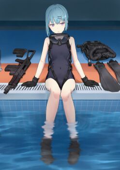  1girl 8mabuki_ren absurdres asm-dt assault_rifle black_gloves blue_hair flat_chest flippers_removed frogman gloves goggles gun hair_ornament hairclip highres one-piece_swimsuit original parted_lips pool poolside purple_eyes rifle scuba_gear scuba_tank short_hair sitting soaking_feet solo swimsuit water weapon 