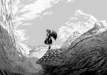  1girl absurdres bird_wings cloud commentary_request feathered_wings frilled_skirt frills geta greyscale hat highres medium_hair monochrome mountain on_roof outdoors pom_pom_(clothes) puffy_short_sleeves puffy_sleeves scenery shameimaru_aya shirt short_sleeves skirt solo standing standing_on_roof super-flat-world tengu-geta tokin_hat touhou wings 