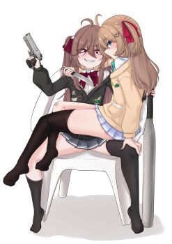  2girls absurdres ahoge bandaid baseball_bat black_skirt black_socks black_sweater blue_bow blue_bowtie blue_eyes blue_skirt blush bow bowtie brown_hair brown_sweater cardigan chair constricted_pupils dagger evil_neuro-sama evil_smile flat_chest glock gun hair_ornament hand_on_another's_thigh handgun heart heart_hair_ornament highres holding holding_baseball_bat holding_dagger holding_gun holding_knife holding_weapon incest knife long_hair looking_at_viewer meme metal_baseball_bat multiple_girls neuro-sama off-shoulder_sweater off_shoulder on_chair open_cardigan open_clothes red_bow red_bowtie red_eyes red_ribbon ribbon ritspi shirt shirt_under_sweater short_twintails siblings simple_background sisters skirt skull_hair_ornament smile socks sweater twincest twins twintails vedal_ai vergil's_chair_(meme) virtual_youtuber weapon white_background white_shirt yuri 