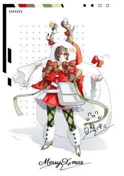  1girl antler_ornament antlers bell bomb bow brown_eyes brown_hair christmas christmas_ornaments closed_mouth commentary crescent cropped_jacket deer_antlers dress explosive full_body fur-trimmed_hood fur-trimmed_sleeves fur_trim green_ribbon green_thighhighs hair_bow highres holding holding_sack hood hood_ornament horns jacket long_hair looking_at_viewer low_twintails merry_christmas neck_bell original outstretched_hand pecora_(udpf2448) plaid_bow pleated_dress quilted_jacket red_bow red_dress red_hood red_jacket ribbon sack santa_costume santa_dress shadow shoes short_dress solo thighhighs twintails two-tone_dress white_background white_bag white_dress white_shoes wide_sleeves zettai_ryouiki 