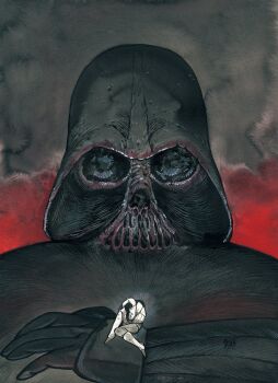  1boy 1girl armor black_armor black_background black_gloves black_hair boots comic_cover covering_head cowering darth_vader giant gloves gradient_background hands_on_own_head helmet highres horror_(theme) mask monsterification official_art painting_(medium) peach_momoko red_background signature sitting sitting_on_person size_difference star_wars sweater textless_version traditional_media watercolor_(medium) white_boots white_sweater 