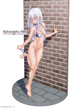  1girl 86_-eightysix- ^jj^ antenna_hair bar_censor bikini bikini_bottom_around_leg blue_choker bottomless breasts censored choker commission grey_eyes grey_hair hair_between_eyes highres long_hair medium_breasts multicolored_bikini navel pixiv_commission smile solo standing swimsuit two-tone_bikini undressing vladilena_millize 