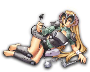  >:3 armor barefoot black_nails black_tail blonde_hair breastplate cleavage_cutout closed_mouth clothing_cutout demon_girl halo highres holding_tail horns long_hair mask miniskirt spiked_mace nail_polish pauldrons pillow purple_eyes shoulder_armor skirt tail toenail_polish toenails tooth transparent_background undershirt uruido white_horns wristband  rating:Sensitive score:1 user:PearFinch