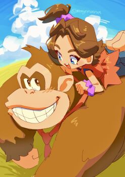  1boy 1girl :d bare_arms barefoot blue_eyes blue_pants blue_sky brown_fur brown_hair child clenched_hand cloud donkey_kong donkey_kong_(series) donkey_kong_bananza forehead grin hair_ornament hair_scrunchie hashtag-only_commentary highres light_blush looking_at_another lying monyorun necktie nintendo on_stomach open_mouth outdoors pants pauline_(mario) pauline_(young)_(mario) purple_scrunchie red_necktie red_shirt scrunchie shirt short_hair sky sleeveless sleeveless_shirt smile soles teeth topknot twitter_username upper_teeth_only wrist_scrunchie 