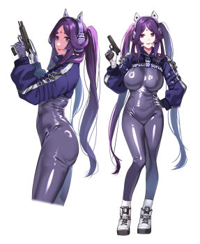  1girl absurdres alice_(nikke) alice_(nikke)_(cosplay) animal_ear_headphones animal_ears ass bodysuit breasts commentary_request cosplay covered_navel cropped_jacket facial_mark fake_animal_ears forehead_mark gloves goddess_of_victory:_nikke gun hair_ornament handgun headphones hie_(hiememiko) hiememiko highres holding holding_gun holding_weapon large_breasts latex latex_bodysuit lipstick long_hair looking_at_viewer makeup multicolored_gloves original purple_bodysuit purple_eyes purple_hair shrug_(clothing) skin_tight smile solo trigger_discipline twintails very_long_hair weapon 