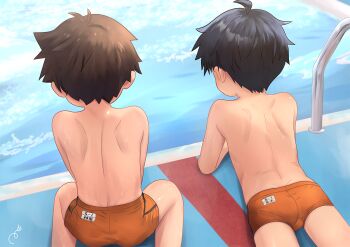  2boys aota_xxx back black_hair brown_hair facing_away from_behind male_focus male_swimwear multiple_boys original pool poolside short_hair swim_briefs swimsuit topless_male 