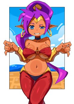  1girl bare_shoulders beach blue_eyes breasts collarbone commentary dark-skinned_female dark_skin earrings high_ponytail highres hoop_earrings jewelry large_breasts long_hair navel ocean pants parted_lips pointy_ears ponytail purple_hair red_pants red_tube_top sand shantae shantae_(series) smile solo strapless tchairss tube_top 