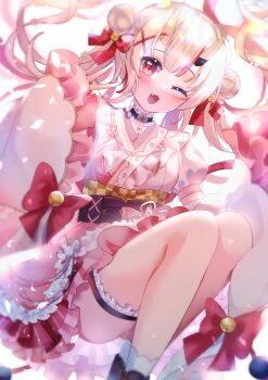  1girl :3 :d absurdres breasts choker commentary dot_nose double_bun fang frilled_choker frills hair_between_horns hair_bun hair_ornament highres hololive horns legband long_hair looking_at_viewer multicolored_hair nakiri_ayame nakiri_ayame_(10th_costume) official_alternate_costume one_eye_closed oni open_mouth red_eyes red_hair skin-covered_horns smile solo untranslatable_commentary v virtual_youtuber white_hair winexc x_hair_ornament 