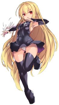  1girl bare_shoulders black_cat_(series) black_gloves blonde_hair boots breasts cameltoe cat clothing_cutout commentary_request elbow_gloves eve_(black_cat) gloves hair_down hair_intakes highres karukan_(monjya) long_hair looking_at_viewer open_mouth panties pantyshot red_eyes simple_background small_breasts solo star_cutout thigh_boots thigh_strap underwear very_long_hair white_panties 