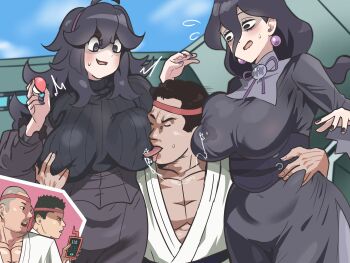 2girls 3boys @_@ absurdres age_difference alternate_breast_size_(larger) black_hair breasts crossover grabbing_another's_breast groping hetero hex_maniac_(pokemon) hex_maniac_(pokemon_legends:_z-a) hex_maniac_(pokemon_xy) highres holding holding_poke_ball kimura_(coat_corp.) large_breasts licking licking_nipple long_hair looking_at_another manatsu_no_yo_no_inmu miura_daisenpai multiple_boys multiple_girls nintendo nipple_stimulation poke_ball pokemon pokemon_legends:_z-a pokemon_xy purple_eyes sexual_harassment tongue tongue_out udaijin wide_hips yajuu_senpai 