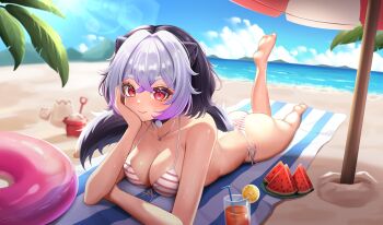  1girl absurdres animal_ear_fluff animal_ears ass beach beach_towel beach_umbrella bikini biyo_yoo black_hair breasts closed_mouth cloud collarbone colored_tips commentary crossed_bangs drink drinking_straw english_commentary food fruit grey_hair hand_on_own_cheek hand_on_own_face heart heart_necklace hello_mimiz highres indie_virtual_youtuber jewelry lying multicolored_hair necklace ocean on_stomach orange_(fruit) orange_slice purple_hair red_eyes sand_castle sand_sculpture second-party_source skunk_ears skunk_girl sky smile solo striped_bikini striped_clothes swim_ring swimsuit towel two-tone_hair umbrella watermelon watermelon_slice wet white_bikini 
