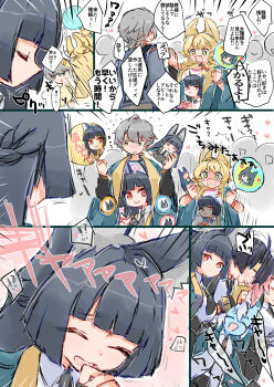 +++ +_+ 1boy 4girls 6+others animal_ear_fluff animal_ears aqua_jacket asaba_harumasa az79709363 black_hair black_necktie black_skirt blonde_hair blue_horns blue_oni blue_skin blunt_bangs blush breasts character_doll character_pin closed_eyes closed_mouth colored_skin commentary_request covering_own_mouth crying crying_with_eyes_open doll fingerless_gloves fox_ears fox_girl glasses gloves green_eyes grey_hair hair_between_eyes hair_between_horns hand_fan hands_up headband high-waist_skirt highres holding holding_doll horns hoshimi_miyabi jacket laughing long_hair looking_at_another medium_breasts motion_lines multicolored_horns multiple_girls multiple_others necktie oni open_mouth parted_bangs partially_fingerless_gloves pink_hair pointy_ears print_shirt red_eyes shirt short_hair single_fingerless_glove skin-covered_horns skirt soukaku_(zenless_zone_zero) sound_effects speech_bubble sweatdrop tears translation_request tsukishiro_yanagi two-tone_horns white_hair white_shirt wise_(zenless_zone_zero) yellow_gloves yellow_headband zenless_zone_zero 