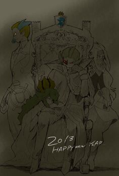  4boys arm_around_leg arm_on_another's_leg blonde_hair blue_eyes cloak colored_bangs colored_tips colress_(pokemon) commentary crown dated ghetsis_(pokemon) gold_crown green_hair grey_background hand_on_own_chest happy_new_year head_rest high_collar lab_coat leaning_on_person male_focus multicolored_hair multiple_boys muted_color n_(pokemon) new_year nintendo pokemon pokemon_bw2 red_eyes scouter shadow_triad sitting sitting_on_throne spot_color staff throne white_cloak yellow_eyes yukisatou 
