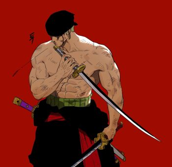  1boy ababubu_zr abs bandana battle_damage black_bandana black_pants blood blood_on_face collarbone commentary dual_wielding earrings feet_out_of_frame green_hair haramaki highres holding holding_sword holding_weapon jewelry katana male_focus multiple_swords muscular muscular_male one_piece pants red_background red_sash roronoa_zoro sash scar scar_on_chest sheath sheathed short_hair solo spitting sword topless_male weapon 