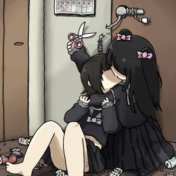  2girls black_hair calendar_(object) drugs female_focus fuchina_(fucinami) hair_ornament hanged highres hug indoors kiss multiple_girls original sayu-chan_(fuchina) school_uniform scissors self-harm serafuku short_hair skirt suicide twintails yato-chan_(fuchina) yuri  rating:Questionable score:84 user:Haruki1995