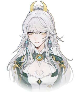  1girl absurdres breasts bright_pupils cleavage cleavage_cutout clothing_cutout crescent crescent_hair_ornament crescent_moon cropped_torso earrings fur-trimmed_collar fur_trim genshin_impact hair_ornament hashtag-only_commentary highres jewelry moon naberhine ponytail simple_background solo upper_body white_background white_hair white_pupils yellow_eyes zibai_(genshin_impact) 