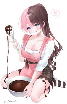  1girl apron black_nails bowl breasts brown_hair chocolate chocolate_making chocolate_on_body chocolate_on_legs cleavage commentary_request food_on_body full_body hand_up heart holding holding_whisk looking_at_viewer multicolored_hair neko_neneko pink_apron pink_hair ponytail shirt simple_background skirt sleeves_rolled_up smile socks solo split-color_hair spoken_heart striped_clothes striped_socks tachibana_hinano twitter_username two-tone_hair virtual_youtuber vspo! whisk white_background white_shirt 