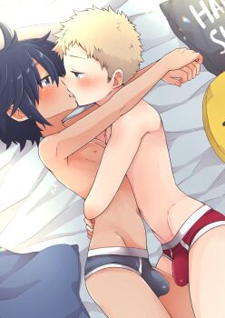  2boys blonde_hair blue_eyes blue_hair blush briefs bulge highres kiss lying male_focus male_underwear multiple_boys nipples original pocchipocchi short_hair shota underwear yaoi  rating:Questionable score:312 user:FabricioDias