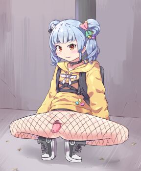  1girl backpack bag bar_censor blue_hair blunt_bangs bottomless bow censored cervix choker closed_mouth double_bun fishnet_pantyhose fishnets hair_bow hair_bun hair_ornament hood hoodie hyodou_shizuku idoly_pride loli long_sleeves looking_at_viewer no_panties pantyhose prolapse pussy shoes sneakers solo spread_legs squatting twintails vaginal_prolapse 