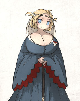  1girl blonde_hair blue_dress blue_eyes braid breasts cleavage closed_mouth commentary dress english_commentary feet_out_of_frame highres huge_breasts ironlily long_sleeves looking_at_viewer own_hands_together short_hair simple_background smile solo titania_(ironlily) white_background 