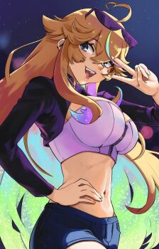  1girl ahoge arielle_(vtuber) blonde_hair blue_eyes breasts cleavage commentary ear_piercing english_commentary eyewear_on_head hair_between_eyes highres huemar_tanuki indie_virtual_youtuber jacket large_breasts long_hair looking_at_viewer multicolored_hair navel night open_mouth piercing purple_jacket rainbow_hair shorts sky smile star_(sky) starry_sky sunglasses v virtual_youtuber zipper 
