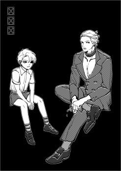  2boys absurdres aged_down child cigarette collared_shirt colored_sclera commentary_request figure_four_sitting gyogyo_hjj highres holding holding_cigarette invisible_chair jacket jojo_no_kimyou_na_bouken korean_commentary male_focus multiple_boys pectoral_cleavage pectorals prosciutto_(jojo) risotto_nero shirt shorts sitting vento_aureo 