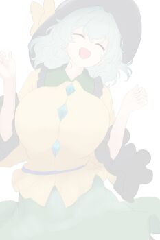  1girl absurdres closed_eyes fading green_hair green_skirt highres komeiji_koishi medium_hair moriforest1040 open_mouth shirt short_sleeves skirt solo touhou wide_sleeves yellow_shirt 