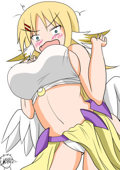  1boy 1girl angel_wings aqua_eyes blonde_hair blush breasts commentary_request cosplay danna_ga_nani_wo_itte_iru_ka_wakaranai_ken embarrassed fake_wings fang feathered_wings glasses hair_ornament hairclip highres husband_and_wife jibril_(no_game_no_life) jibril_(no_game_no_life)_(cosplay) large_breasts long_hair low_wings midriff muutsu_(maxwell0916) navel no_game_no_life official_art open_mouth voice_actor_connection sideboob tamura_yukari tsunashi_hajime tsunashi_kaoru white_wings wing_ears wings 