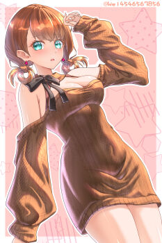  1girl absurdres alternate_breast_size_(larger) alternate_costume annette_fantine_dominic bare_shoulders birthday blue_eyes breasts commentary_request detached_sleeves dress earrings fingernails fire_emblem fire_emblem:_three_houses hair_rings happy_birthday highres jewelry long_sleeves looking_at_viewer medium_breasts nintendo open_mouth orange_dress orange_hair short_hair solo star_(symbol) sweater sweater_dress upper_body wade_(njud8343) 