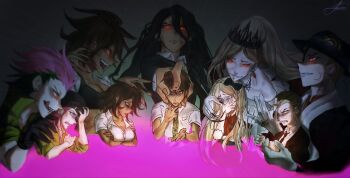  4girls 6+boys black_bow black_gloves black_hair black_jacket black_necktie blonde_hair bow breasts brown_hair cleavage closed_mouth collared_shirt commentary covering_own_mouth cropped_torso crossed_arms crying crying_with_eyes_open danganronpa_(series) danganronpa_2:_goodbye_despair danganronpa_3_(anime) dark-skinned_female dark_persona dark_skin dual_persona earrings english_commentary eyepatch fangs fingernails gloves glowing glowing_eyes green_necktie grin hair_bow hand_on_another&#039;s_head hand_on_another&#039;s_shoulder hand_on_headwear highres hinata_hajime jacket jewelry kamukura_izuru kuzuryu_fuyuhiko kuzyachan licking_lips long_fingernails long_sleeves medium_hair multiple_boys multiple_girls necktie official_alternate_costume official_alternate_eye_color official_alternate_hairstyle open_clothes open_jacket open_mouth owari_akane pink_eyes pink_hair red_bow red_eyes scarf sharp_fingernails sharp_teeth shirt short_hair short_sleeves signature smile soda_kazuichi sonia_nevermind spoilers tan tears teeth tiara tongue tongue_out v-shaped_eyebrows very_short_hair white_scarf white_shirt 